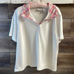 Alfred Dunner White Ladies Top, Size XL, Pink Plaid Collar & Trim